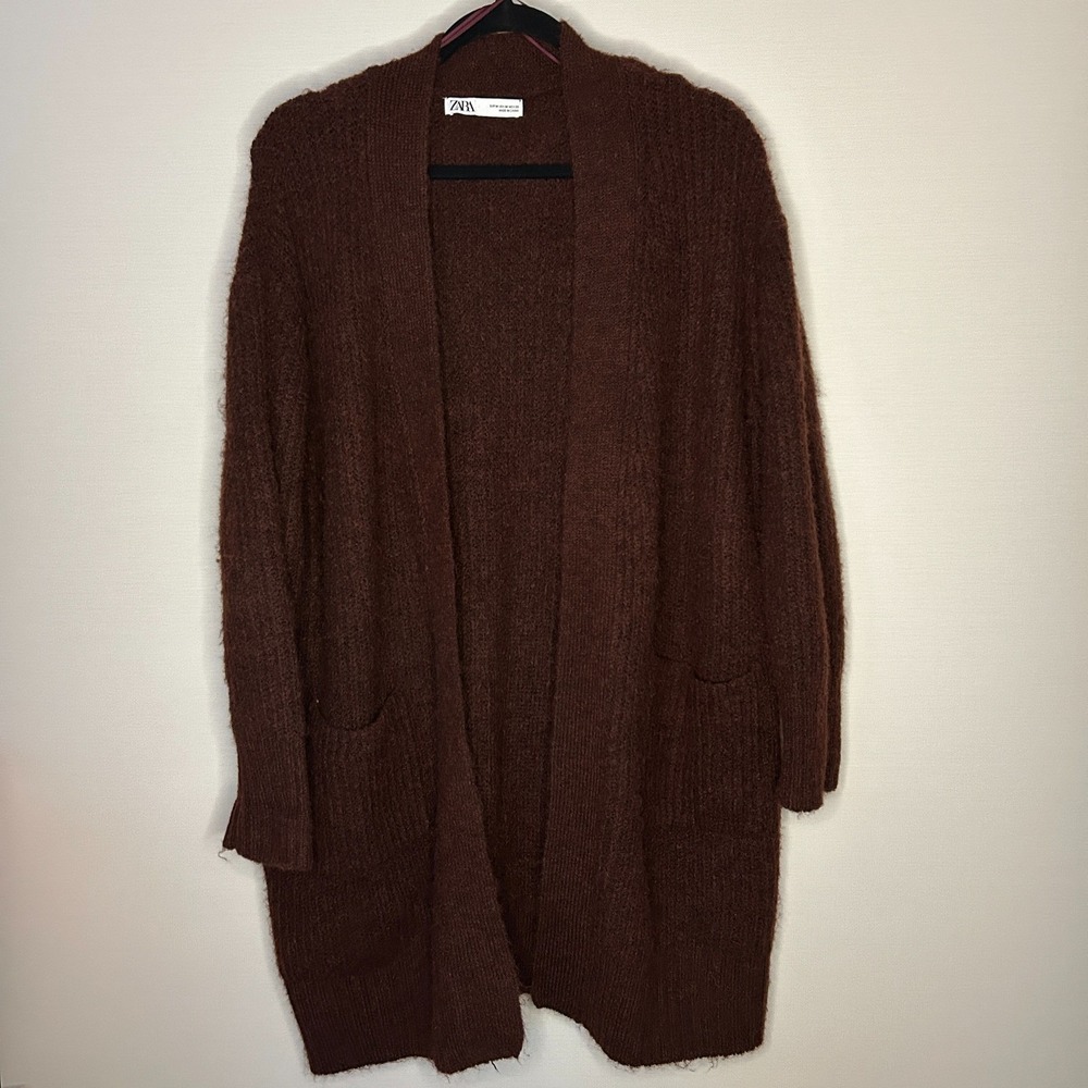 Zara Brown Fuzzy Open Front Longline Cardigan Sweater Medium Cozy Fall Layering